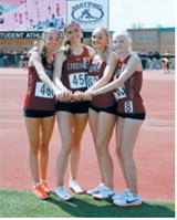 Taya Feist, Olivia Lorenz, Hallie Overby and Mya Swanson — competed in both relay events for Langdon Area/Munich at the NDHSAA Class B State Track and Field Meet. The quartet earned third place in the 4x400-meter relay with a season-best time of 4:06.05 and finished 12th in the 4x800-meter relay in 10:18.16. Photo by Larry Stokke.
