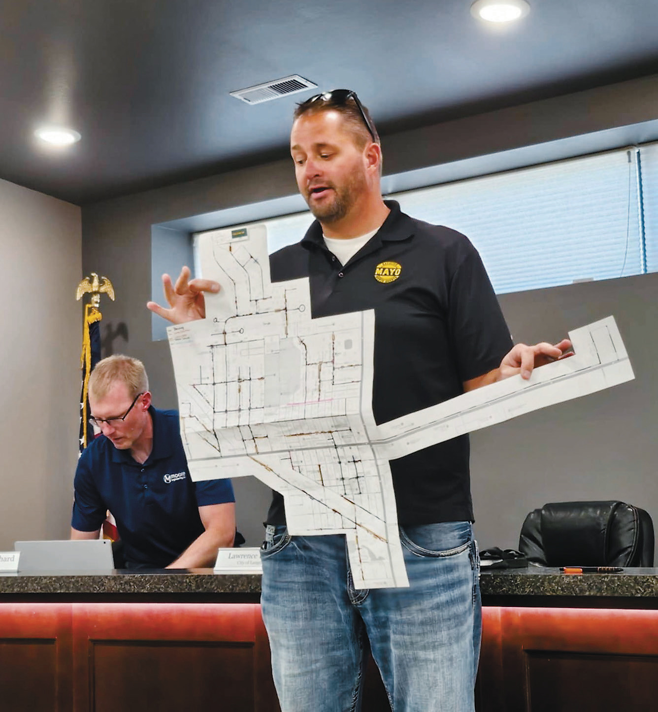 John Newman, vice-president with Mayo Construction, shows off his “winter project” – a map of the city of Langdon which highlights portions of road that are to undergo repairs over the summer. Early projections indicate by the end of September, around 70% of the roads around Langdon will see road improvements completed.