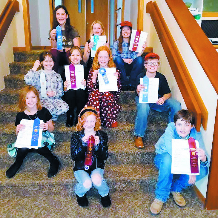 Junior Sew and Show: Front row (L-R): Ava Morrison, Oscar Hunter; second row: Charlie Heck; third row: Olive Truver, Amelia Ratliff, Ruby Morrison, Levi Norrell; fourth row: Naomi Stegman, Stella Norrell, and Chloe Hunter.