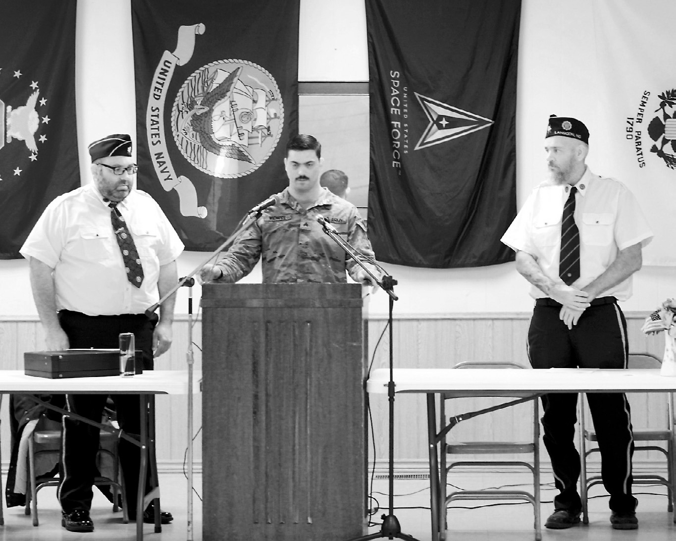 Guest speaker Sergeant Madison Wigness gave a speech at the Veterans Day Program. Photo by Larry Stokke.