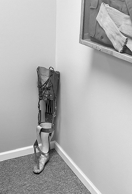 An old fashioned prosthetic leg at Walhalla Public Library.