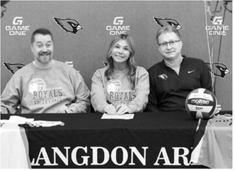 Raeleigh Ratzlaff, the only senior on the state champion Langdon Area-Munich volleyball team, has committed to Lake Region State College (LRSC) Athletics volleyball. She signed on Monday. Ratzlaff is pictured with Steve Waddell, head coach for the LRSC volleyball team and Rich Olson, Langdon Area-Munich head coach. Photo by Larry Stokke