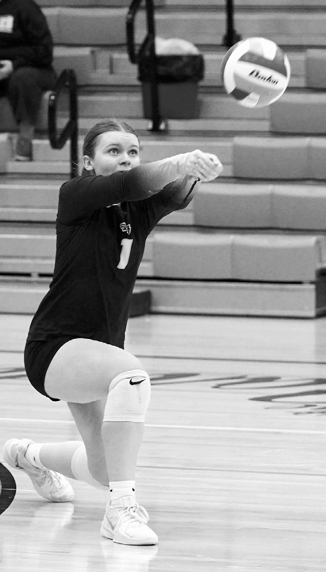 Hannah Moore had seven digs and eight assists in the game against the Cards. Photo by Larry Stokke.