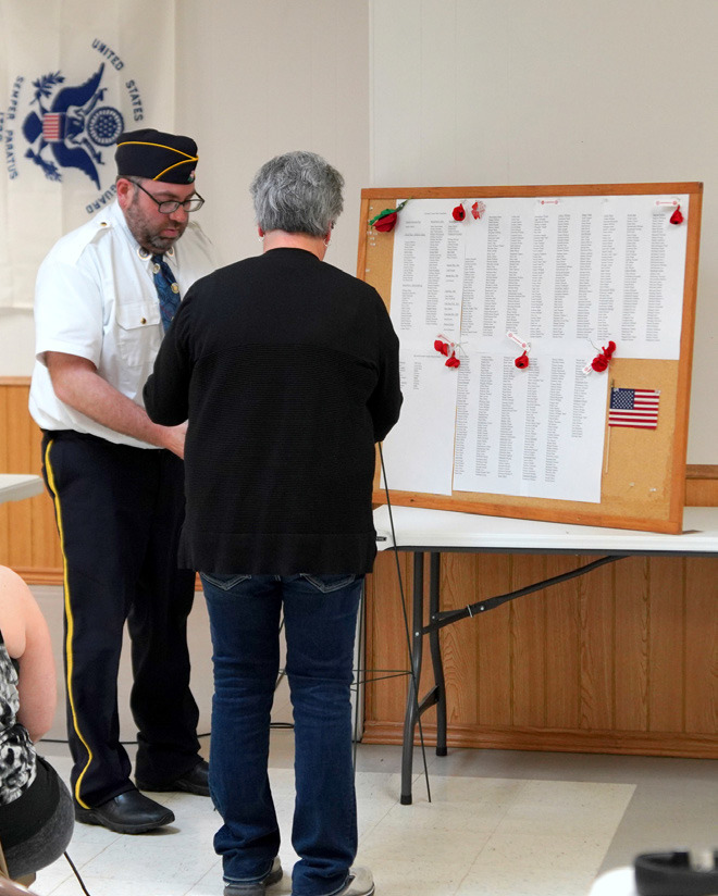Scott Anderson and Paula Cunningham place a wreath in front of the Board of Honor, which lists the names of all Cavalier County Veterans who have lost their lives in service to their country dating all the way back to the Spanish American War. Photo by Larry Stokke.