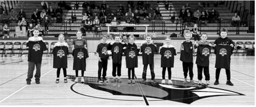 These young Cardinals were recognized at the boys basketball game on Feb. 17, where they also received t-shirts for their hard work. From L-R: Aksel Bredeson, Kalleigh Rollness, Breck Krivarchka, Laetyn Schaefer, Ben Schaefer, Scarlyt Schaefer, Gunnar Bredeson, Hazel Overby, Baylor Krivarchka, Jack Schaefer, Jaxtin Overby Submitted photo