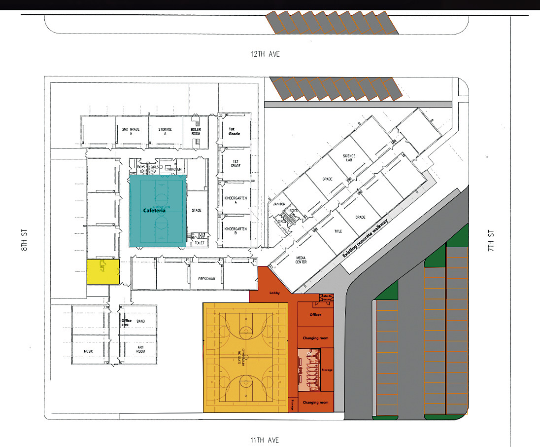 This blueprint shows renovations and additions, particularly the new gym, safe and secure drop off loop, and additional parking at the elementary school which will be included in the referendum during the June 10 elections.