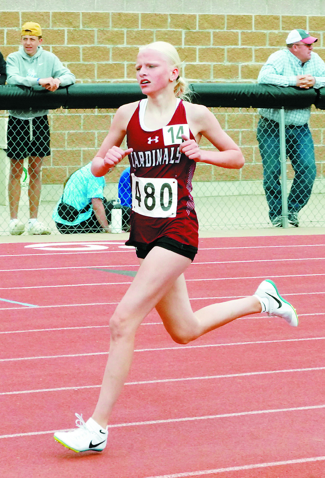 Mya Swanson had a personal best time of 2:24.12 in the 800 meter run. Photo by Larry Stokke.