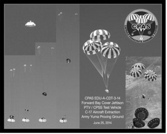 This sequence shows deployment of the Forward Bay Cover and parachute system during a NASA Orion capsule test. Engineers conducted extensive testing to verify the parachutes' performance before future crewed missions. Photo courtesy of NASA