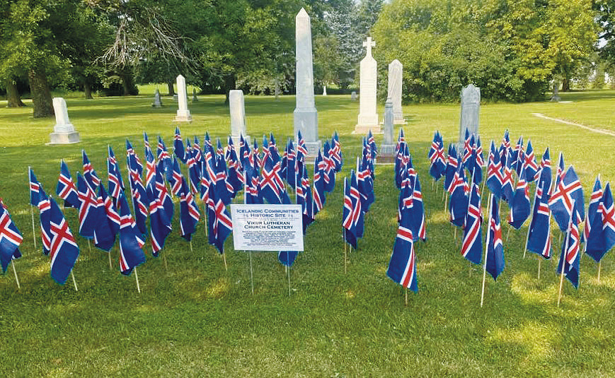 Icelandic flags are on display at several local cemeteries until Aug. 4 to honor pioneer ancestors. Photo courtesy of Vikur Lutheran Church.
