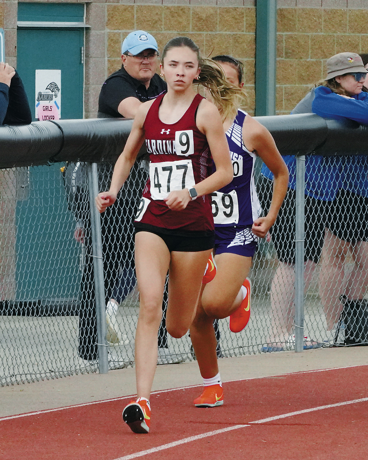 Olivia Lorenz running the 1600 meter run, which she finished with a great time of 5:41.09. Photo by Larry Stokke.