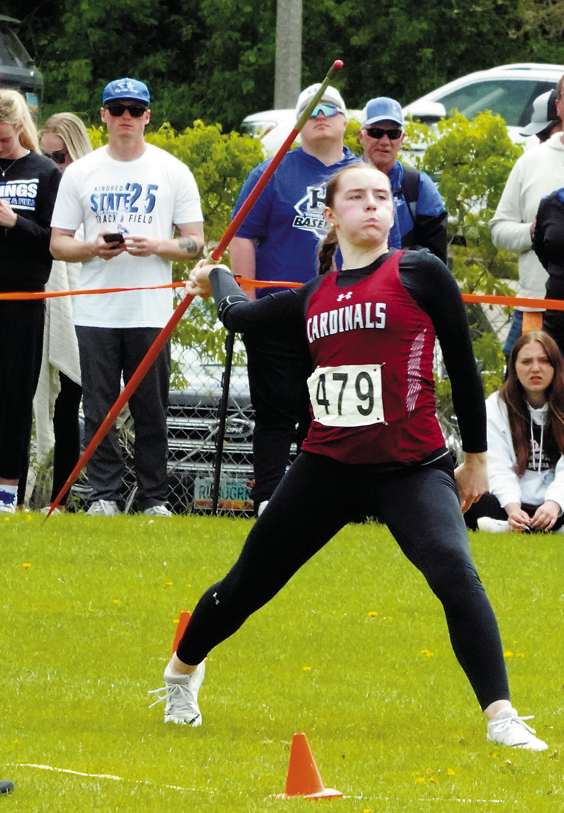 Meredith Romfo took home second place at the state meet in the javelin with a throw of 125' 6'. Photo by Larry Stokke.