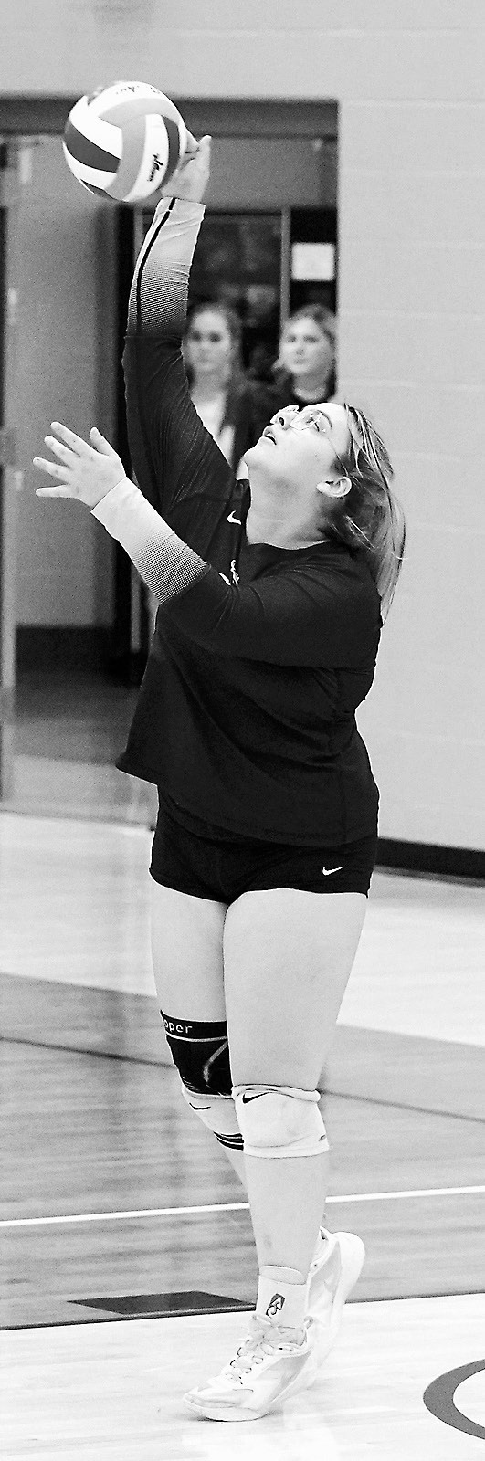 Jaelyn Forrey sends an ace over the net in the first round of volleyball districts in Park River on Oct. 30. Photo by Larry Stokke.