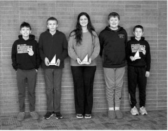Munich’s 1st place team in the Math Counts Competition L-R: Leo Zimmer, Aaron Miles, Coach Kaitlyn Amble, Bryce Martin and Clay Pankratz. Photo by Larry Stokke