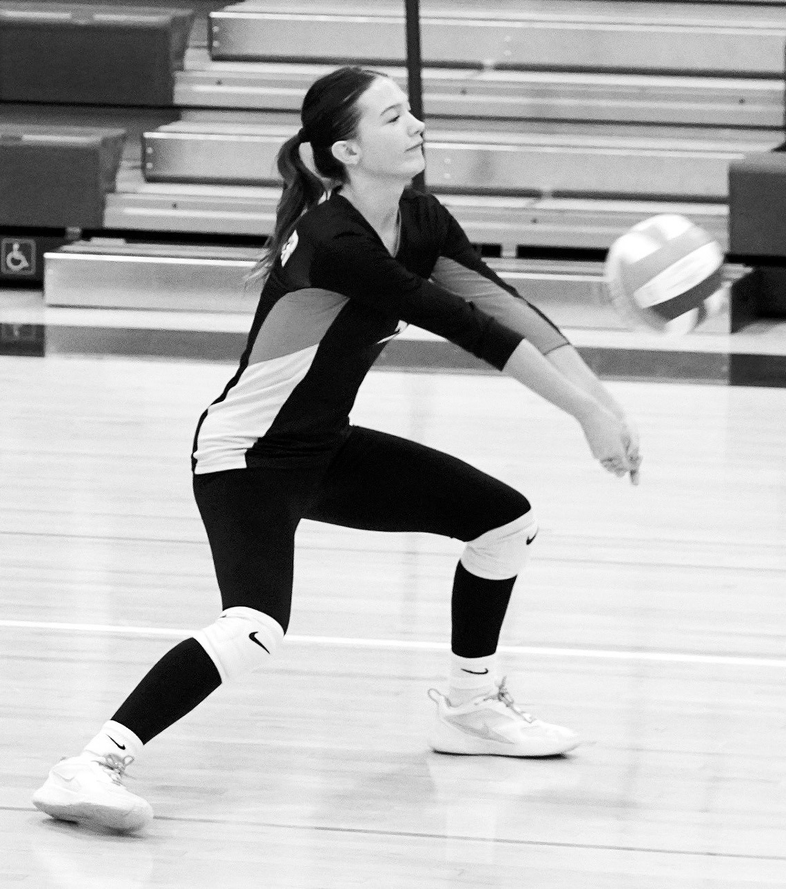 Addi Manley digs the ball against the Patriots on Nov. 11 at the Regional Tournament. Photo by Larry Stokke.