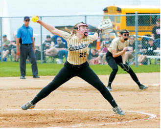 Pembina County North pitcher Sara Jensen delivered a strong performance in the circle, allowing no walks and three earned runs over six innings against the Panthers at the state softball tournament. Photo by Larry Stokke
