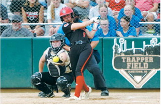 Pembina County North catcher Maddy Steele was a force behind the plate during the Grizzlies' state tournament game against Central Cass, helping guide the defense throughout the contest. Photo by Larry Stokke