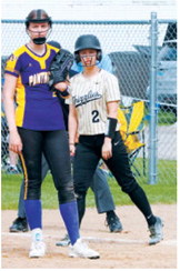 Adrienne Longtin enters as a courtesy runner for Maddy Steele during the Grizzlies' game against Glenburn. Photo by Larry Stokke