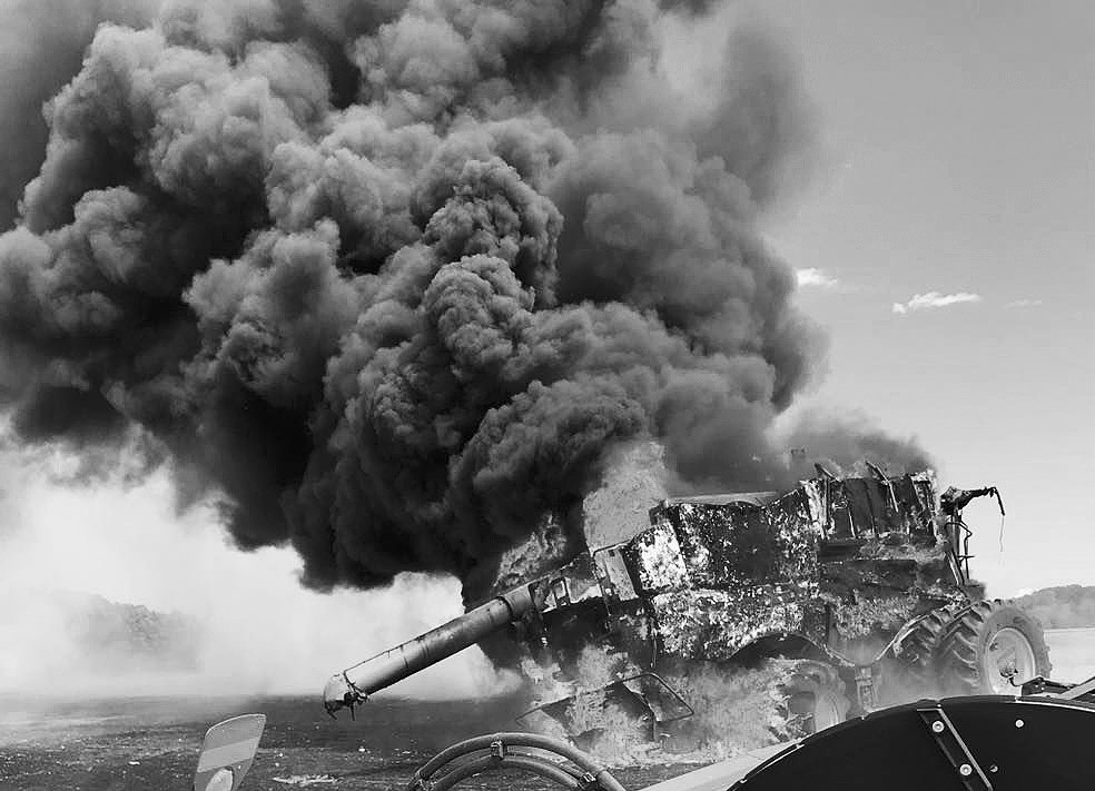 A combine that is not periodically cleaned will have highly combustible material tucked into numerous places ready to become a fuel source for fire. (Photo courtesy of Kindred Fire Department)