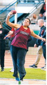 Christine Joyner records a throw of 29 feet, 10¾ inches in the shot put event in GF on March 27. Photo by Larry Stokke