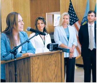 Sen. Michelle Axtman, R-Bismarck, speaks during a press conference May 28, 2026, launching a statewide survey on student technology use. Also pictured are, from left, Lt. Gov. Michelle Strinden, first lady Kjersti Armstrong and Superintendent of Public Instruction Levi Bachmeier. (Photo by Michael Achterling/North Dakota Monitor)