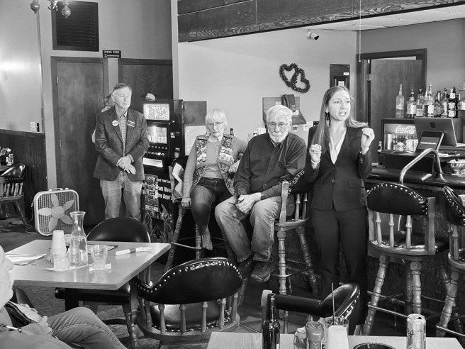 Katrina Christiansen, the Democratic candidate running for the North Dakota US Senate seat, speaking at the Alexander House in Park River. Photo by Nick Vorlage.