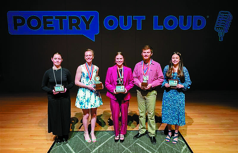 POL 2025 finalists from left to right: 4th-DeLainis Kroh, Mandan H.S.; 2nd-Joanie McCormack, Wilton Public School; 1st-Leah Hochhalter, Valley City H.S.; 3rd-Sawyer Wilhelmi, Starkweather School; 5th-Aspen Geist, Wyndmere Public School.