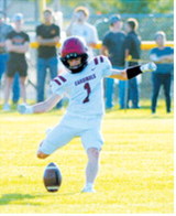 Langdon Area-Munich’s Connor Mitchell, No. 1, kicks off during the Cardinals’ game against the Oakes Tornadoes on Friday, Aug. 21, in Oakes. Photo by Larry Stokke