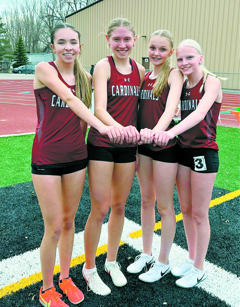 The state qualifying 4x800 relay team at the Anonymous Grizzly Invite in Grand Forks on April 21. Team members are Olivia Lorenz, Aubrey Badding, Hallie Overby and Mya Swanson. The team qualified with a time of 10:15.97.