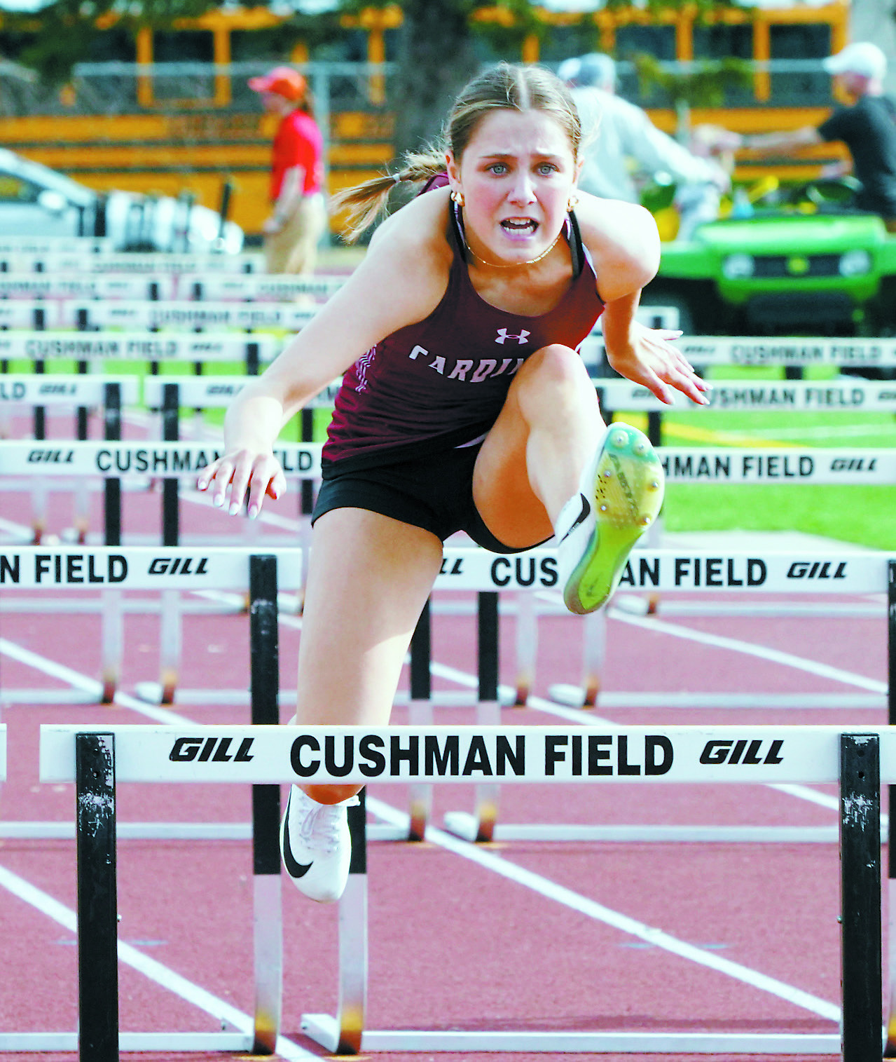 Performer of the Meet, Meggy Hettletved, took 1st place in the 100 meter hurdles in Grand Forks on April 21. Photo by Larry Stokke.
