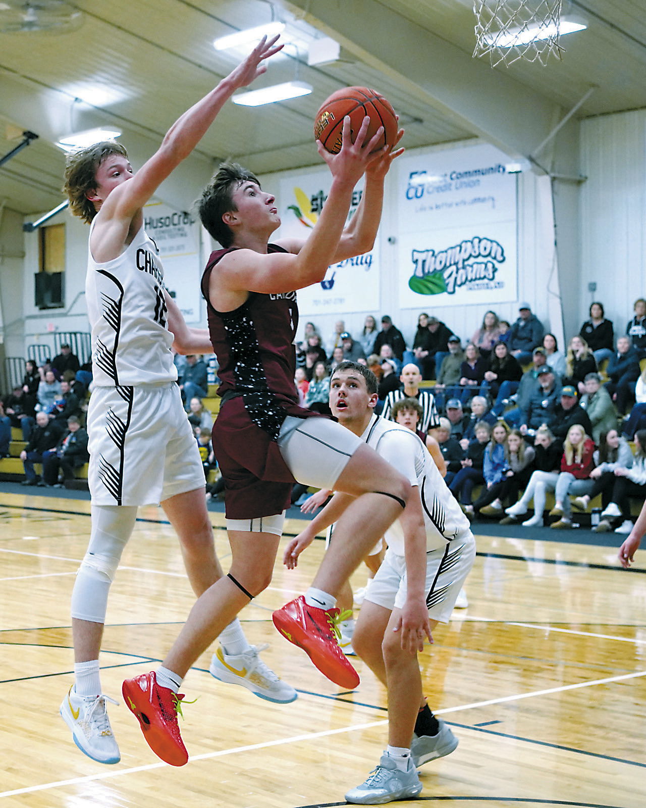 Player of the Game Eastyn Schaefer had a 21-point night in the Cards' win over Nelson County in Lakota on Jan. 13. Photo by Larry Stokke.