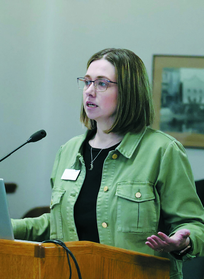 North Dakota League of Cities Deputy Director and Attorney Stephanie Dassinger-Engebretson talks about how the new 3% cap on annual property tax increases is impacting North Dakota communities during a March 17, 2026, legislative committee meeting in Bismarck. (Photo by Mary Steurer/North Dakota Monitor)