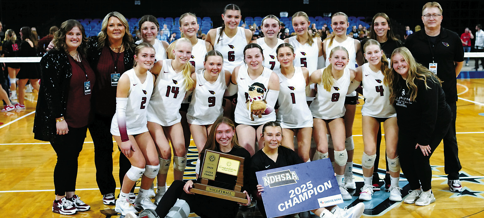 The Cardinals 2025 champions of the Class B State Volleyball Tournament. Photo by Larry Stokke.