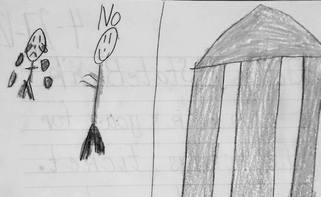 Gage’s drawing of him and his ‘bossy’ mom.