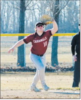 Devin Hakenson catches a pop fly at first base for a third out in the Cards win over Grafton April 20th. Photo by Larry Stokke