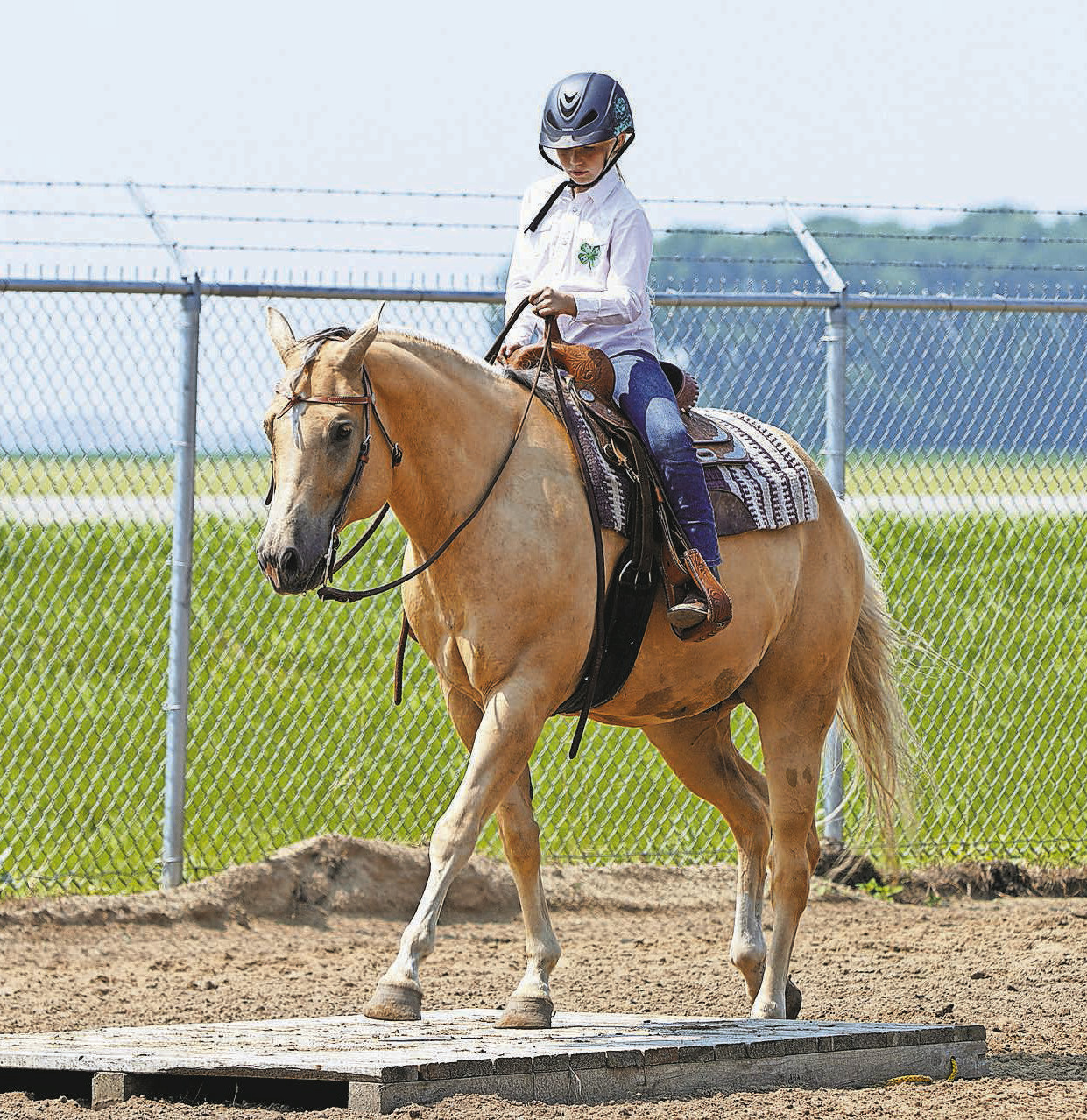 Sadie Halverson rides her horse through the pattern in the Trail Class at the 4H Show in Hamilton. PHOTO BY LARRY STOKKE.
