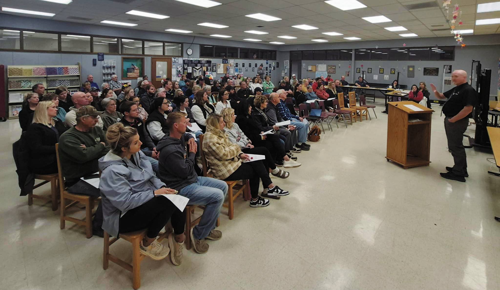 Over 100 community members gathered at the community forum on Monday, May 19, to discuss the upcoming referendum vote. Photo by Hilary Nowatzki.