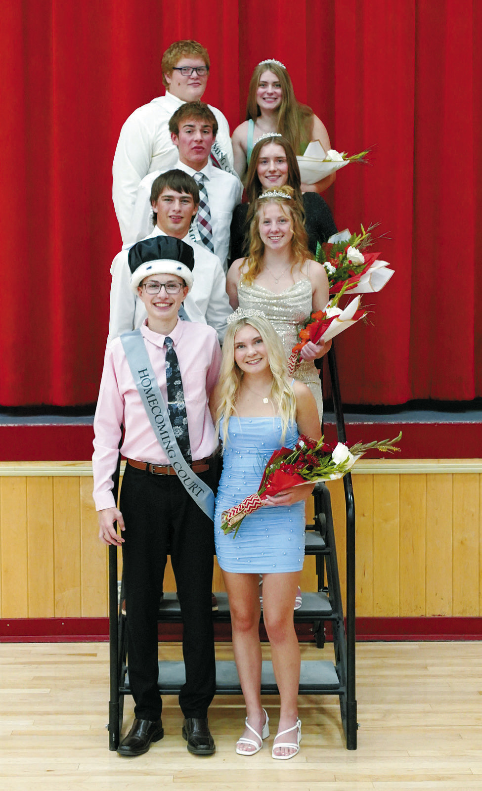 The Cardinals Homecoming Court: Front row - King Jake Sanders and Queen Catelyn Goodman, second row - Brock Freer and Claire Chaput, third row - Jayden Lee and Meredith Romfo, fourth row - Jacob Lowery and Drew Rostvet. Photo by Larry Stokke.