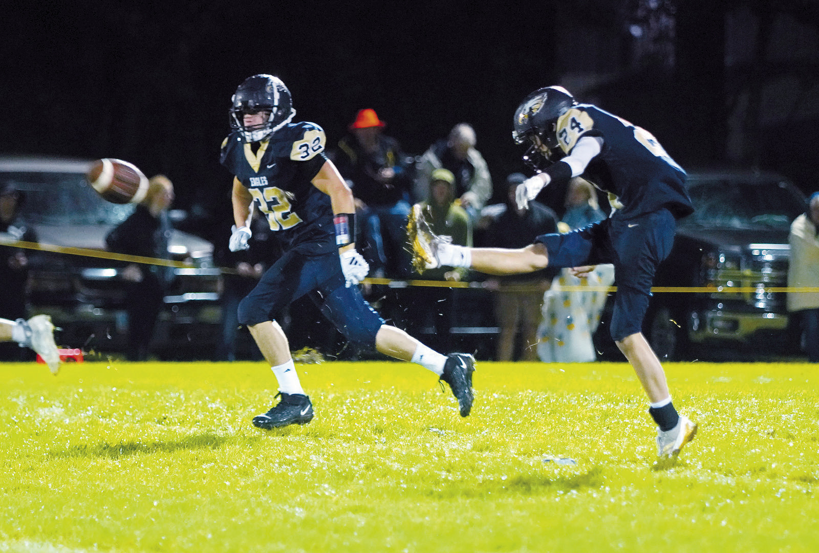 Ryder Girodat kicks the ball, leading up to the Eagles win over North Star in Pembina 9-13. Photo by Larry Stokke.
