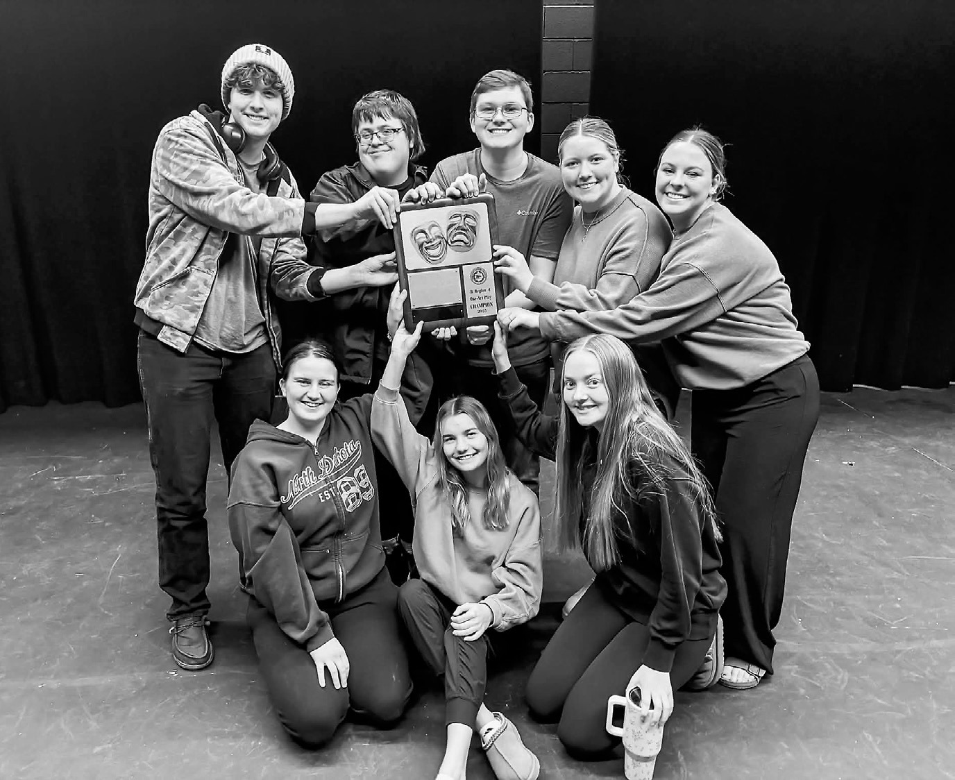 The senior competitors on the Drama Team (L-R) back row: Jonathan Lill, Thomas Blackburn, Brayden Harris, Kiera Lien, Madilyn Crump; front row: Melah Mackall, Mya Johnson, and Sophia Nuelle. Not pictured: Kenadee Cluchie.