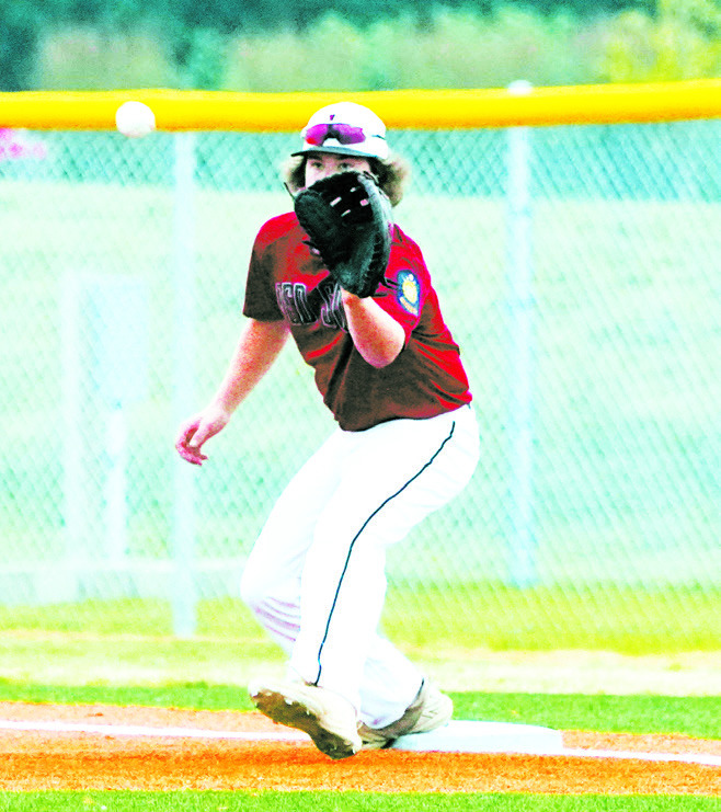 Devin Hakanson with a catch at 1st base to put out a base runner. Photo by Larry Stokke.