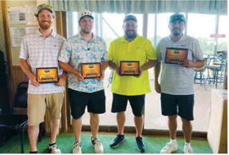 From left, Cullen Blair, Ryley Cleem, Reed Erickson and Mingo claimed first place at the Walhalla Swimming Pool Fundraiser Golf Tournament on July 11. Submitted photo