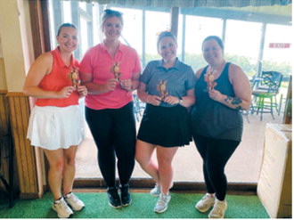From left, Maizie Richard, Shyanne Gust, Billie Swift and Ashton Holen pose following the Walhalla Swimming Pool Fundraiser Golf Tournament on July 11. Submitted photo