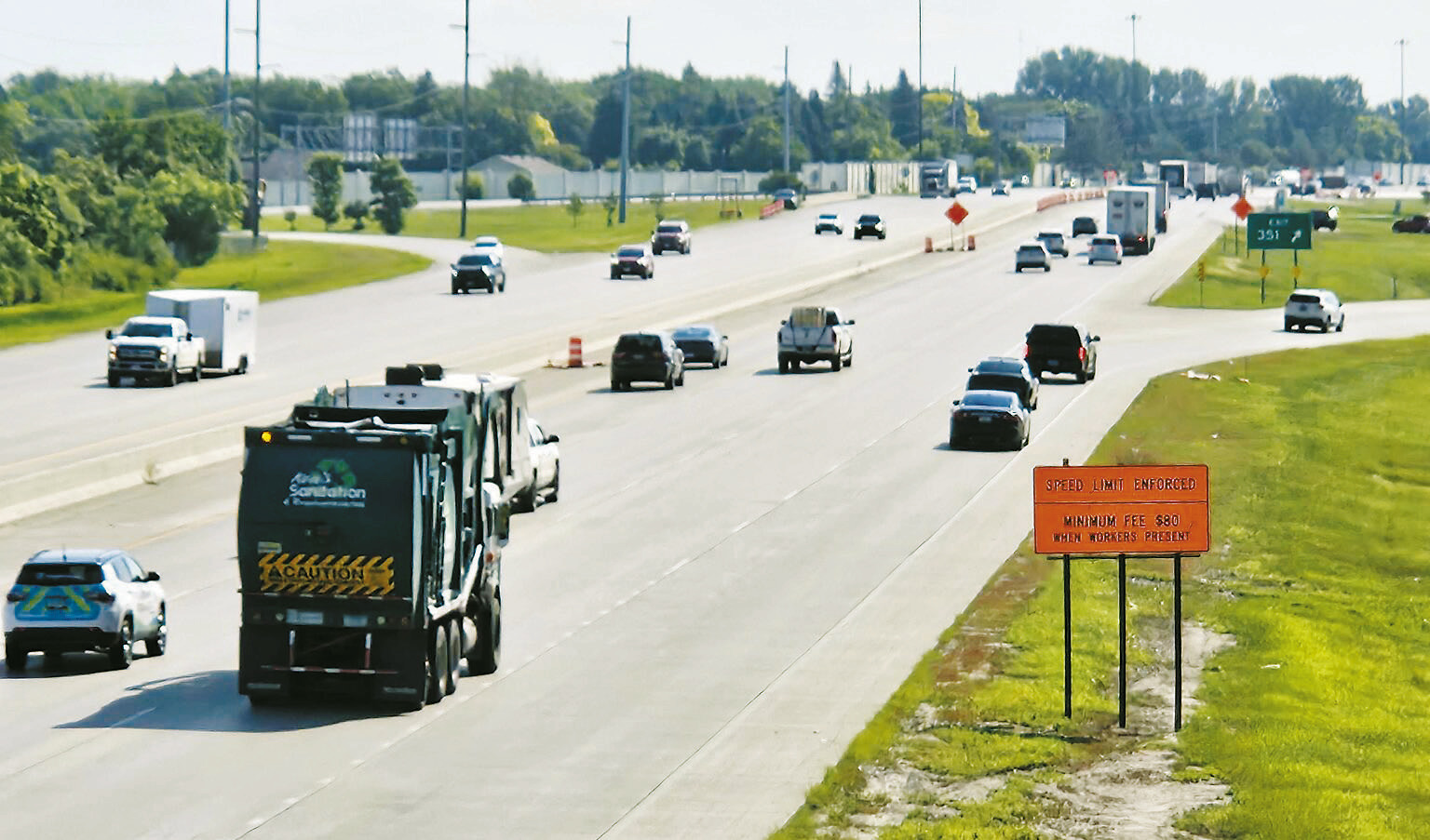 Drivers in Fargo, North Dakota, on July 28, 2025, are warned about an $80 fine for speeding in a construction zone. Minimum fines for speeding in a construction zone increase to $150 on Aug. 1, 2025. Other speeding fines will increase, too. (Jeff Beach/North Dakota Monitor)