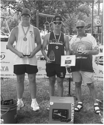 Tournament champions Landon Schneider, Ty Ramberg and Jason Ramberg display their awards after winning the Devils Lake Adult-Young Angler Tournament on July 11 with 24.71 pounds of fish.Submitted photo