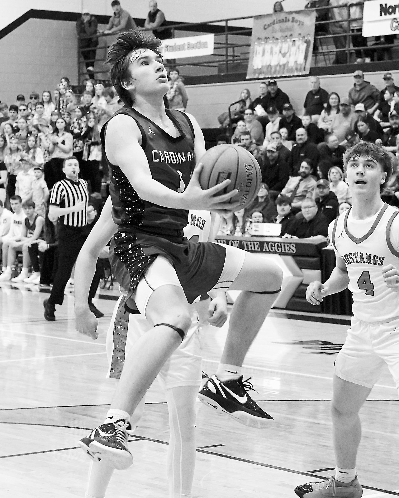 Eastyn Schaefer drives down the lane, eyes the basket, and adds 2 points to the Cards' score against Midway/Minto. Photo by Larry Stokke.