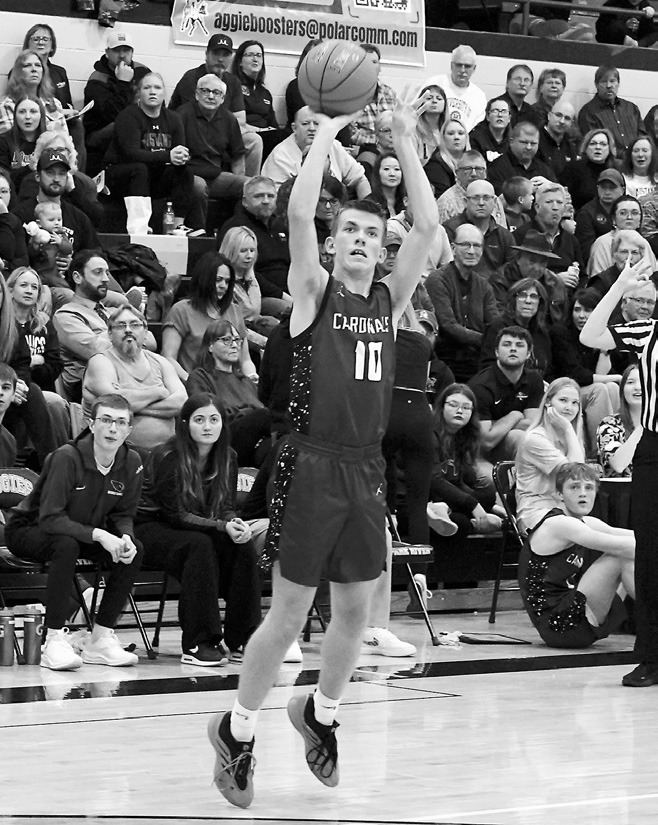 Maddux Stremick drains a 3-point basket. Photo by Larry Stokke.