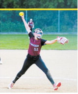 Lily Zimmer delivers a pitch during Langdon's game against Midway-Minto at the league tournament July 14 in Minto. Photo by Larry Stokke
