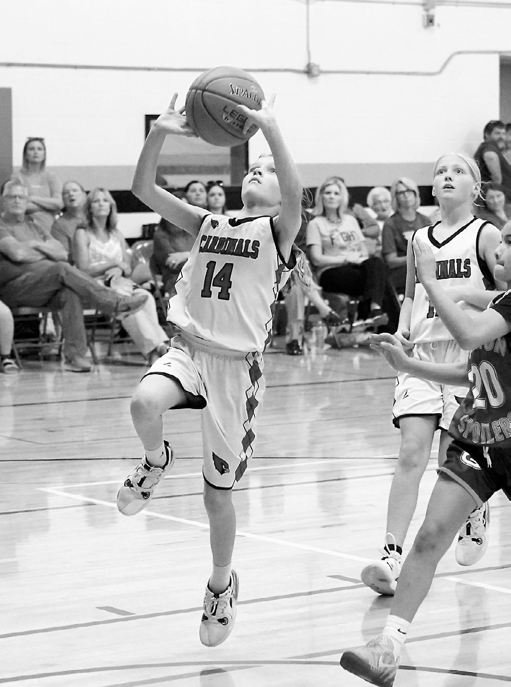 Breck Krivarchka fast breaks to the basket and puts up a shot for two points against the Grafton Spoilers. Photo by Larry Stokke.