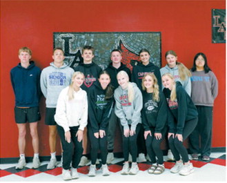 Cardinal Track and Field State qualifiers: Back row from left: Caleb McDonald, Tanner McDonald, TJ Henderson, Levi Swanson, Taya Feist, Fenja Lawson, Christine Joyner. Front row from left: Meggy Hetletved, Olivia Lorenz, Mya Swanson, Ella Goodman, Hallie Overby. Photo by Larry Stokke