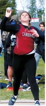 Fenja Lawson threw 38 feet, 1 inch in the shot put to place third at the regional meet for the Langdon Area/Munich Cardinals. Photo by Larry Stokke